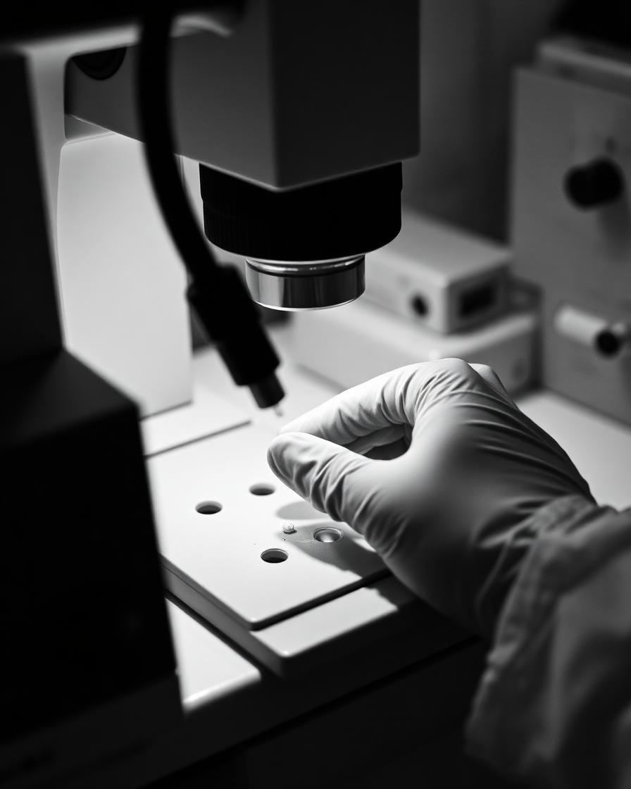 Gloved hand placing a sample under a microscope on a research bench