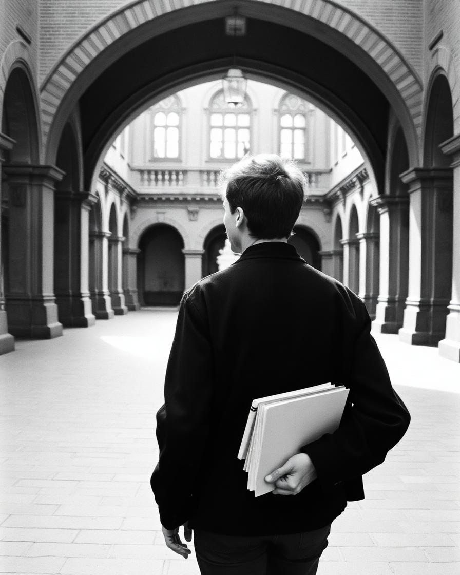 Student walking through a Lund University courtyard with notebooks