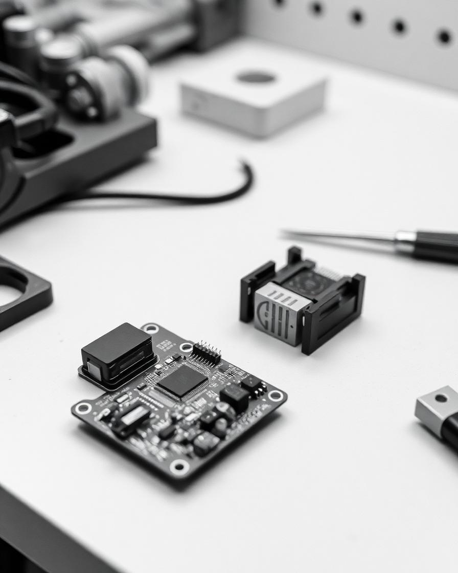 Prototype circuit board and small mechanical parts on a workshop bench